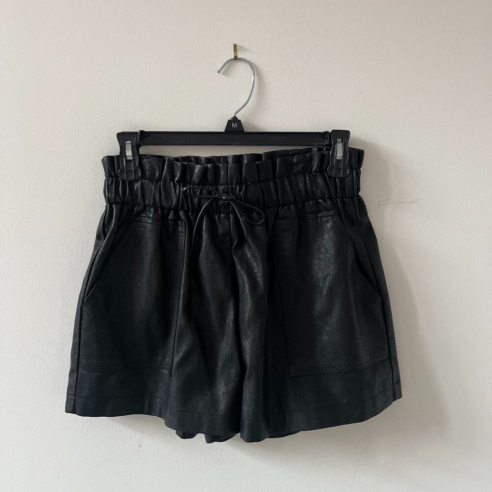High Waisted Wide Leg Black Faux Leather Shorts for Women
